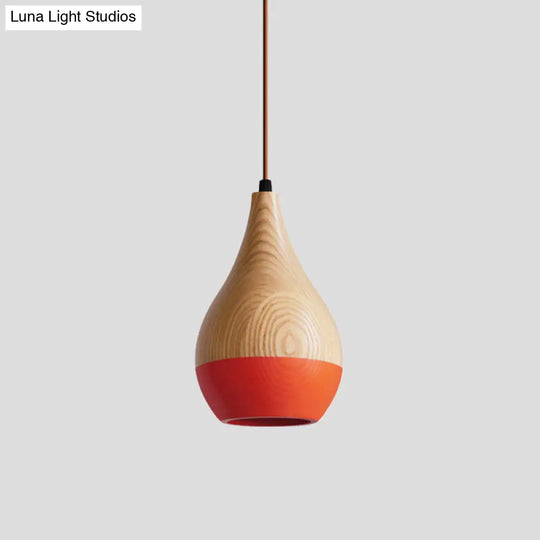 Modern Red/Yellow Led Pendant Lamp: 1-Light Dining Room Hanging Light With Teardrop Wood Shade