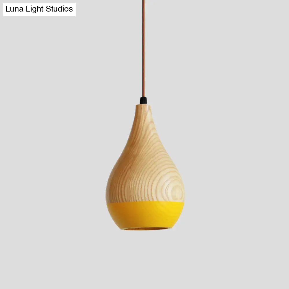 Modern Red/Yellow Led Pendant Lamp: 1-Light Dining Room Hanging Light With Teardrop Wood Shade