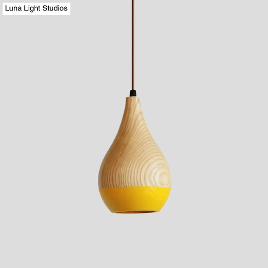 Modern Red/Yellow Led Pendant Lamp: 1-Light Dining Room Hanging Light With Teardrop Wood Shade