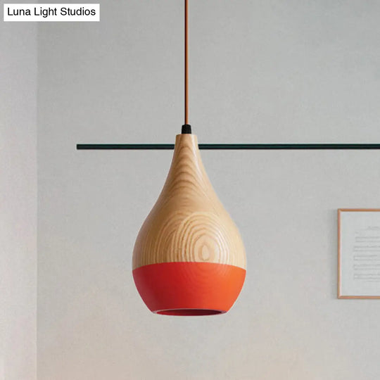 Modern Red/Yellow Led Pendant Lamp: 1-Light Dining Room Hanging Light With Teardrop Wood Shade Red