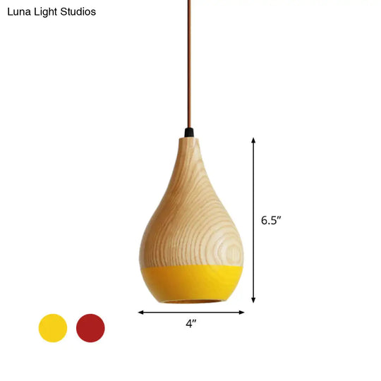 Modern Red/Yellow Led Pendant Lamp: 1-Light Dining Room Hanging Light With Teardrop Wood Shade