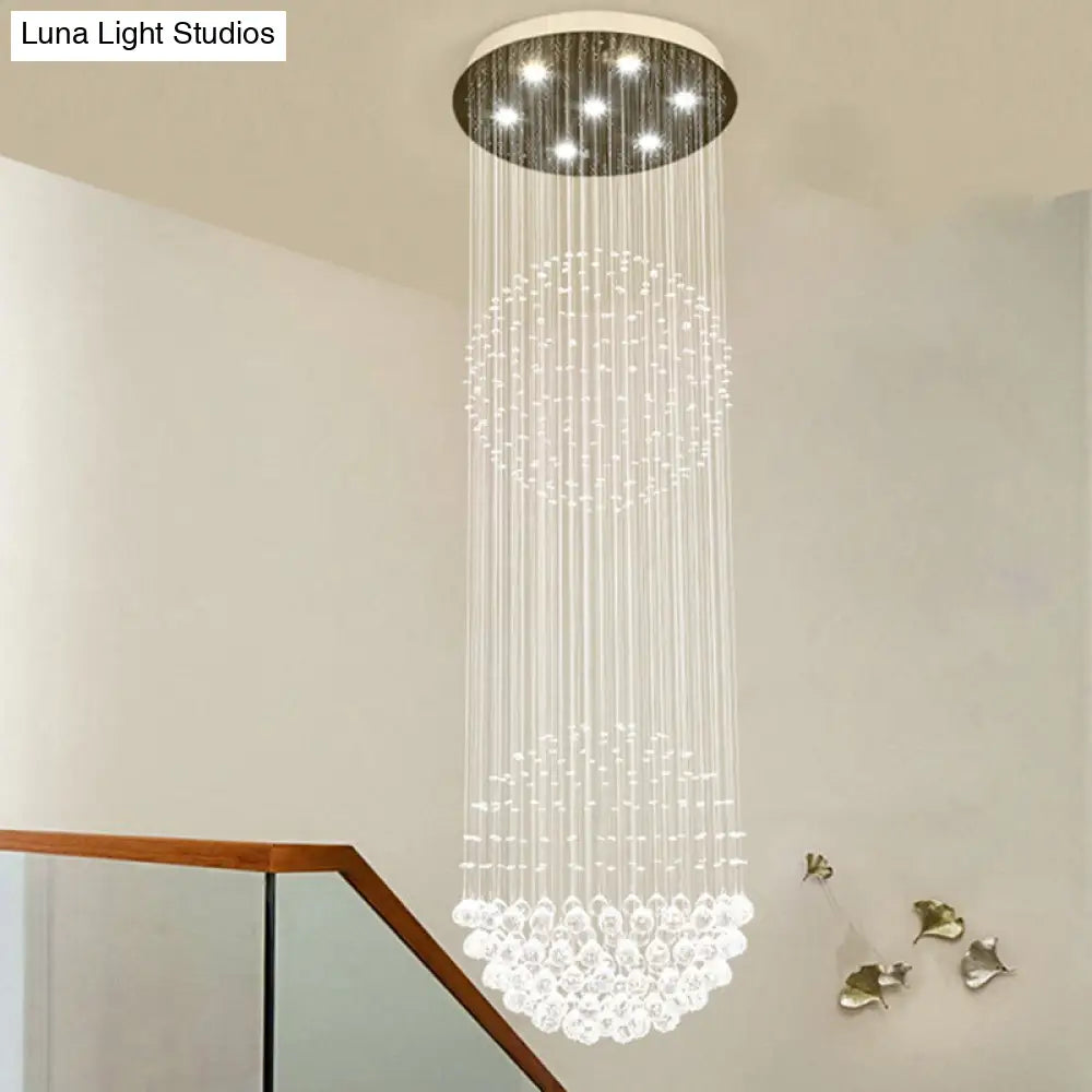 Modern Led Pendant Lamp With 7 Crystals For Stairway - Clear White Cascading Design