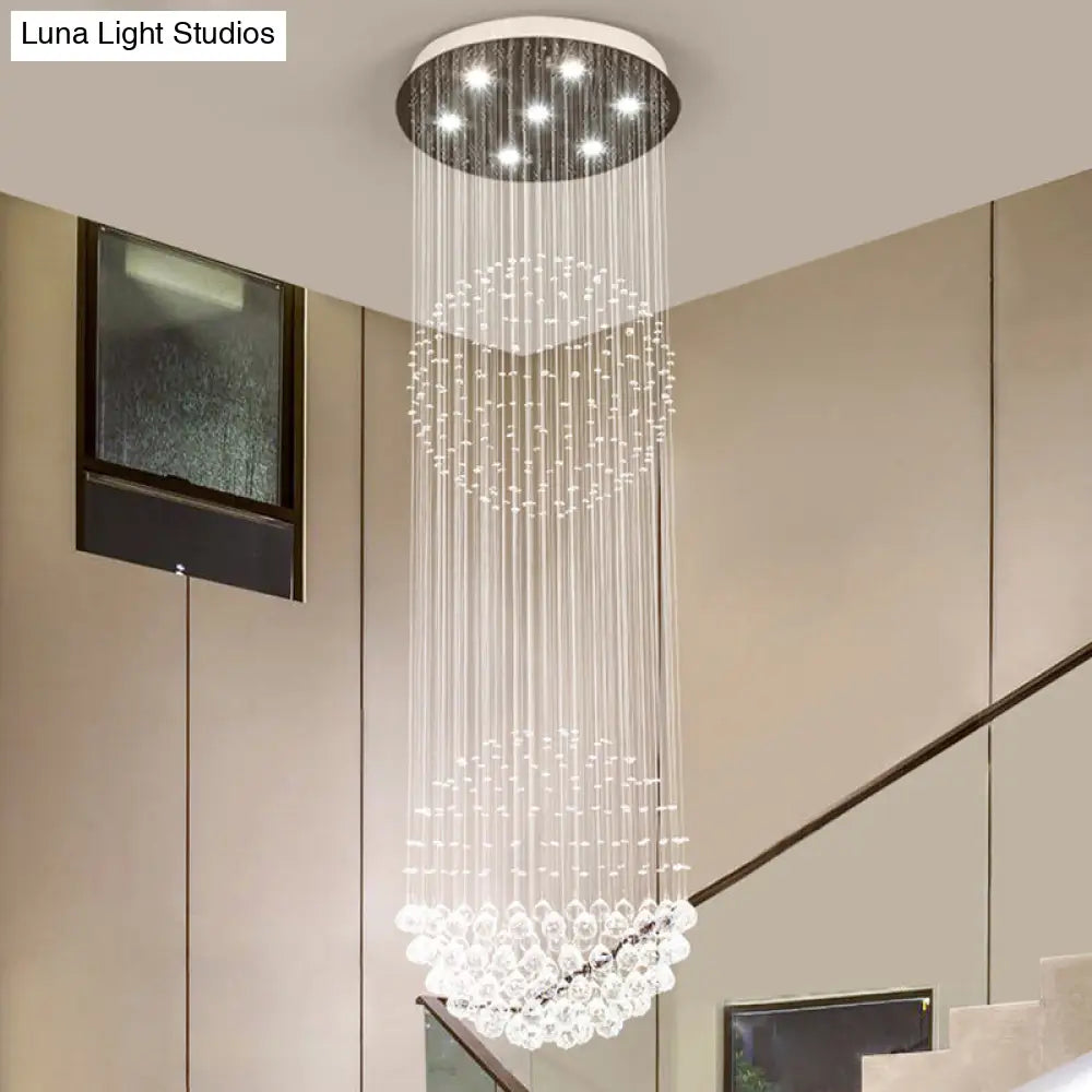 Modern Led Pendant Lamp With 7 Crystals For Stairway - Clear White Cascading Design