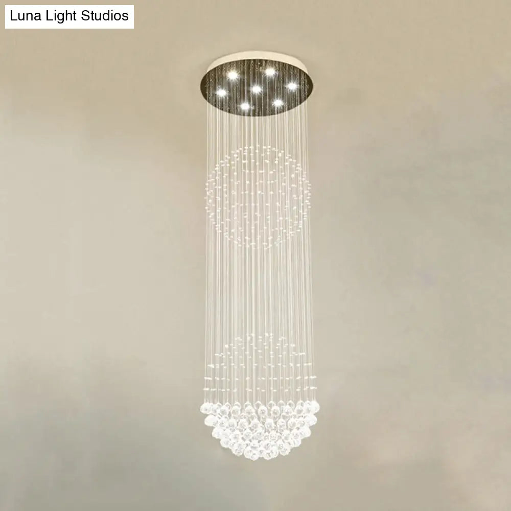 Modern Led Pendant Lamp With 7 Crystals For Stairway - Clear White Cascading Design