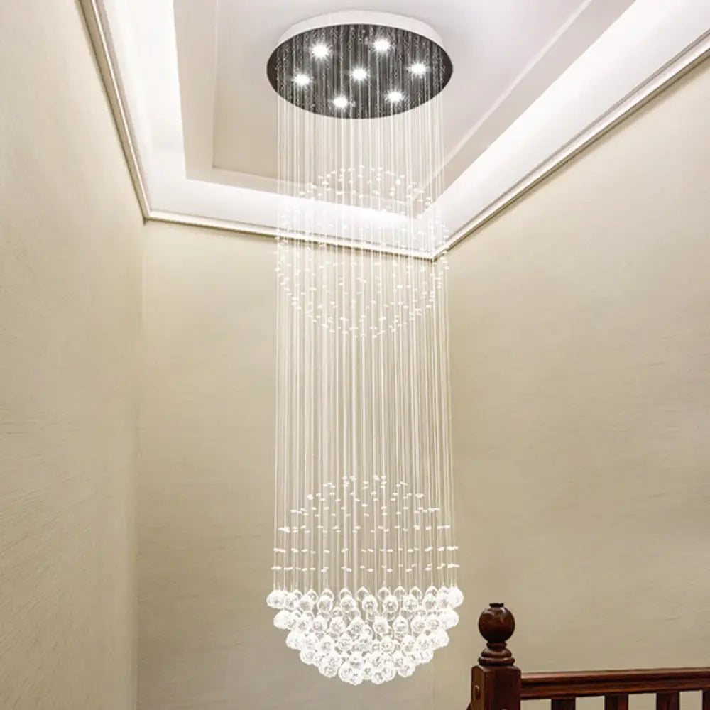 Modern Led Pendant Lamp With 7 Crystals For Stairway - Clear White Cascading Design