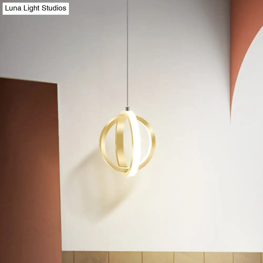 Modern Led Pendant Light: Aluminum Crossed Rings Drop In Gold - Ideal For Dining Table