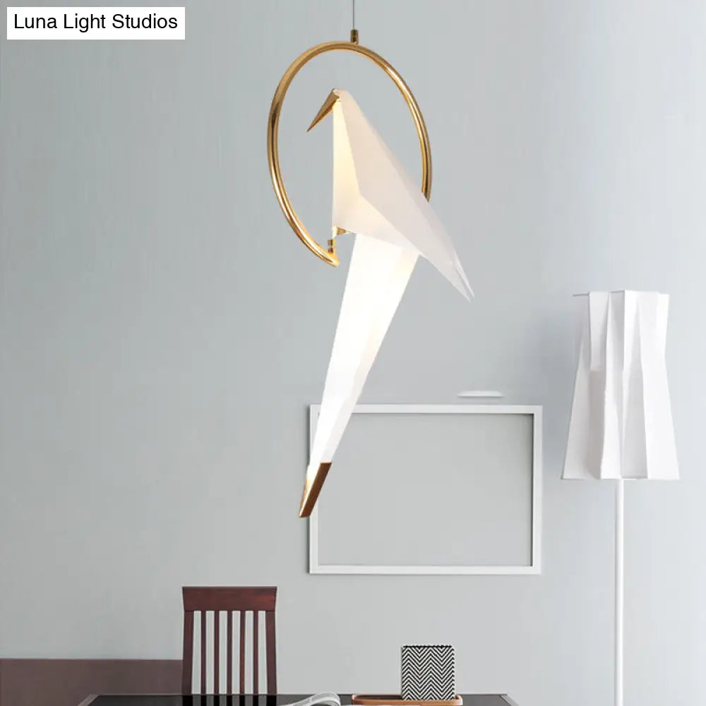 Modern Led Pendant Light With White Birdie Design Metal Ring And Warm/White Lighting