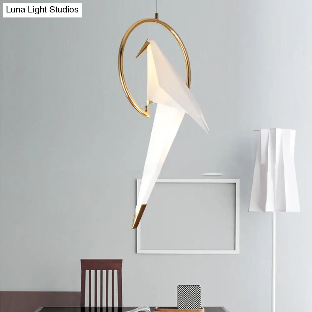 Contemporary White Birdie Led Pendant Light With Metal Ring In Warm/White