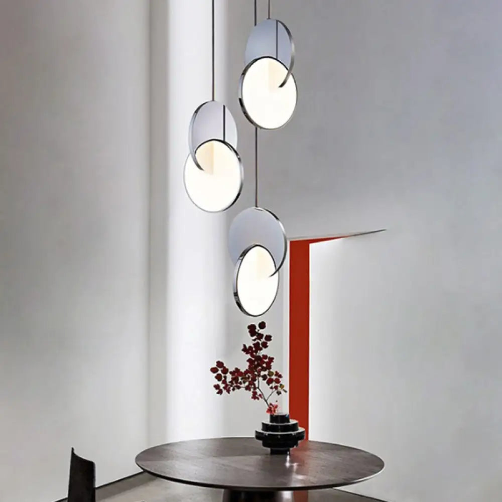 Modern Led Pendulum Light With Chrome/Gold Interlocked Discs & Acrylic Shade 7’/10’ Width