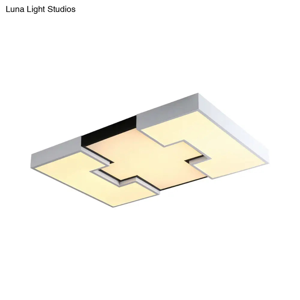 Modern Led Rectangular Metal And Acrylic Flush Ceiling Light In White With Recess Design