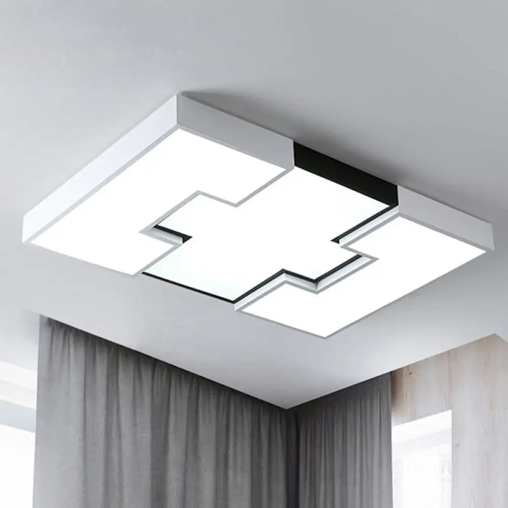 Modern Led Rectangular Metal And Acrylic Flush Ceiling Light In White With Recess Design /