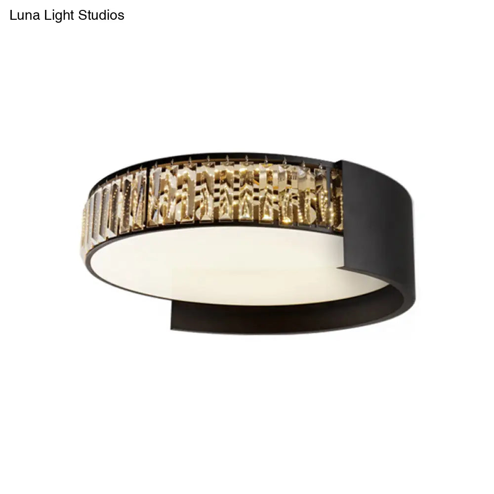 Modern Led Round Flush Mount Ceiling Lamp In Black With Crystal Blocks - White/Warm Light