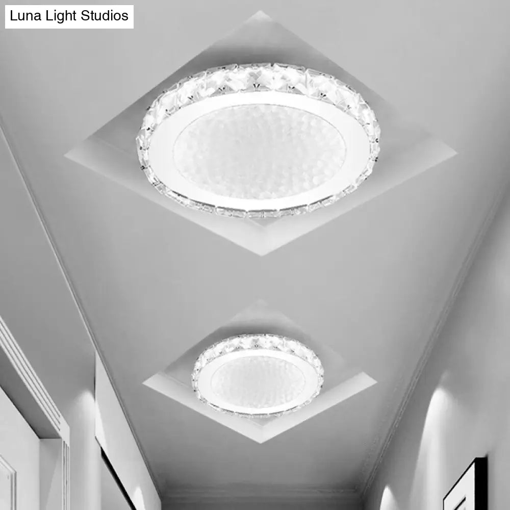 Modern Led Round Flush Mount Ceiling Light With Clear Crystal Accent In White - Warm/White Lighting