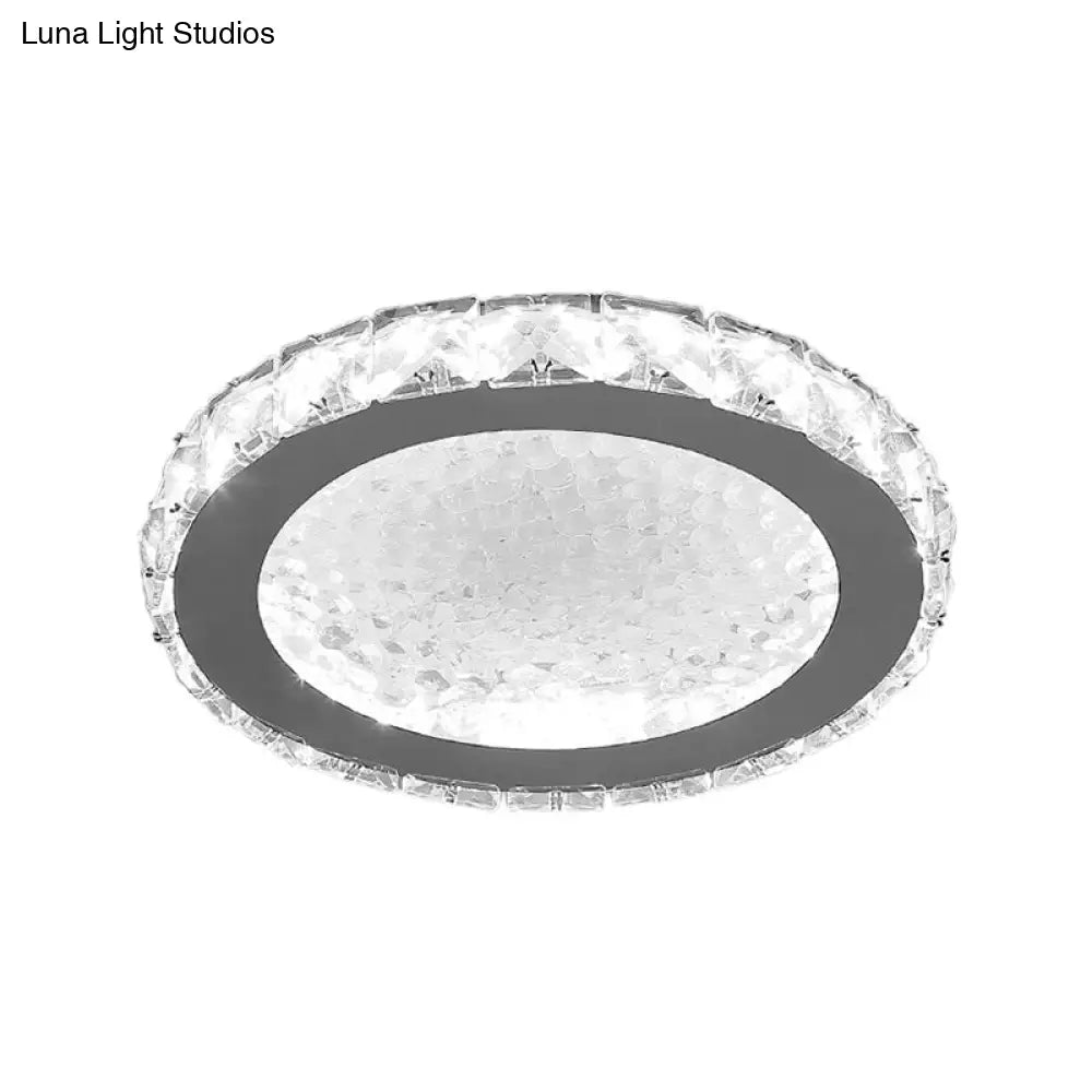 Modern Led Round Flush Mount Ceiling Light With Clear Crystal Accent In White - Warm/White Lighting