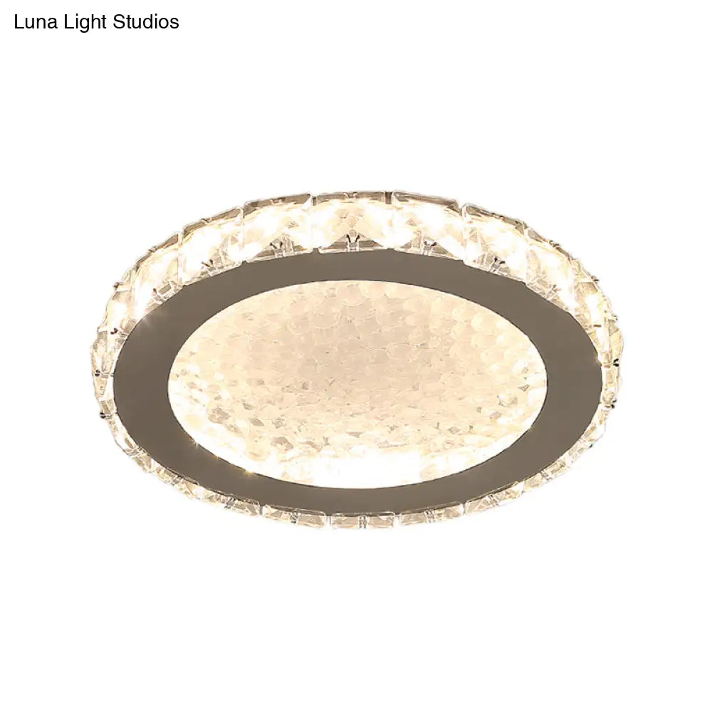 Modern Led Round Flush Mount Ceiling Light With Clear Crystal Accent In White - Warm/White Lighting