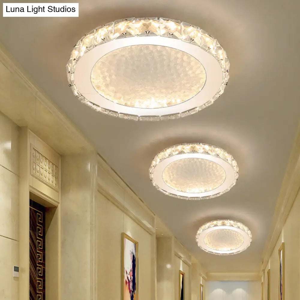 Modern Led Round Flush Mount Ceiling Light With Clear Crystal Accent In White - Warm/White Lighting