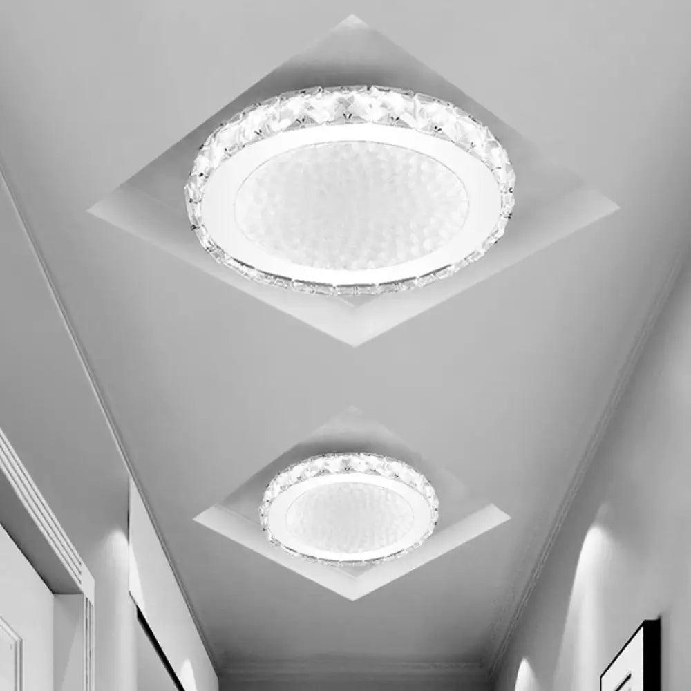 Modern Led Round Flush Mount Ceiling Light With Clear Crystal Accent In White - Warm/White Lighting