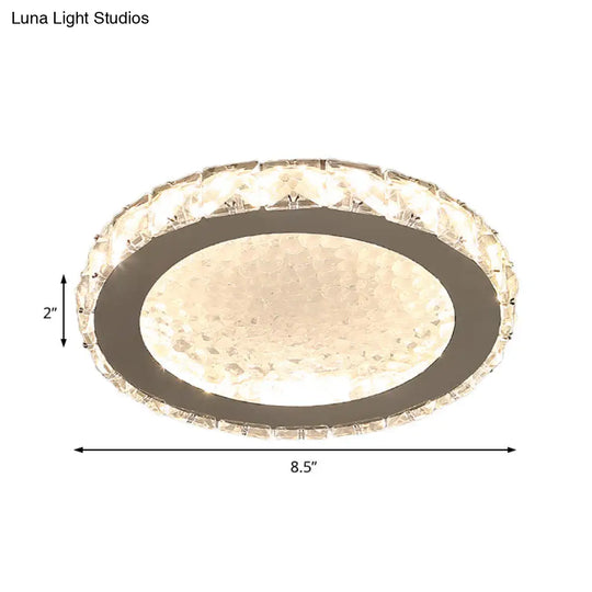 Modern Led Round Flush Mount Ceiling Light With Clear Crystal Accent In White - Warm/White Lighting