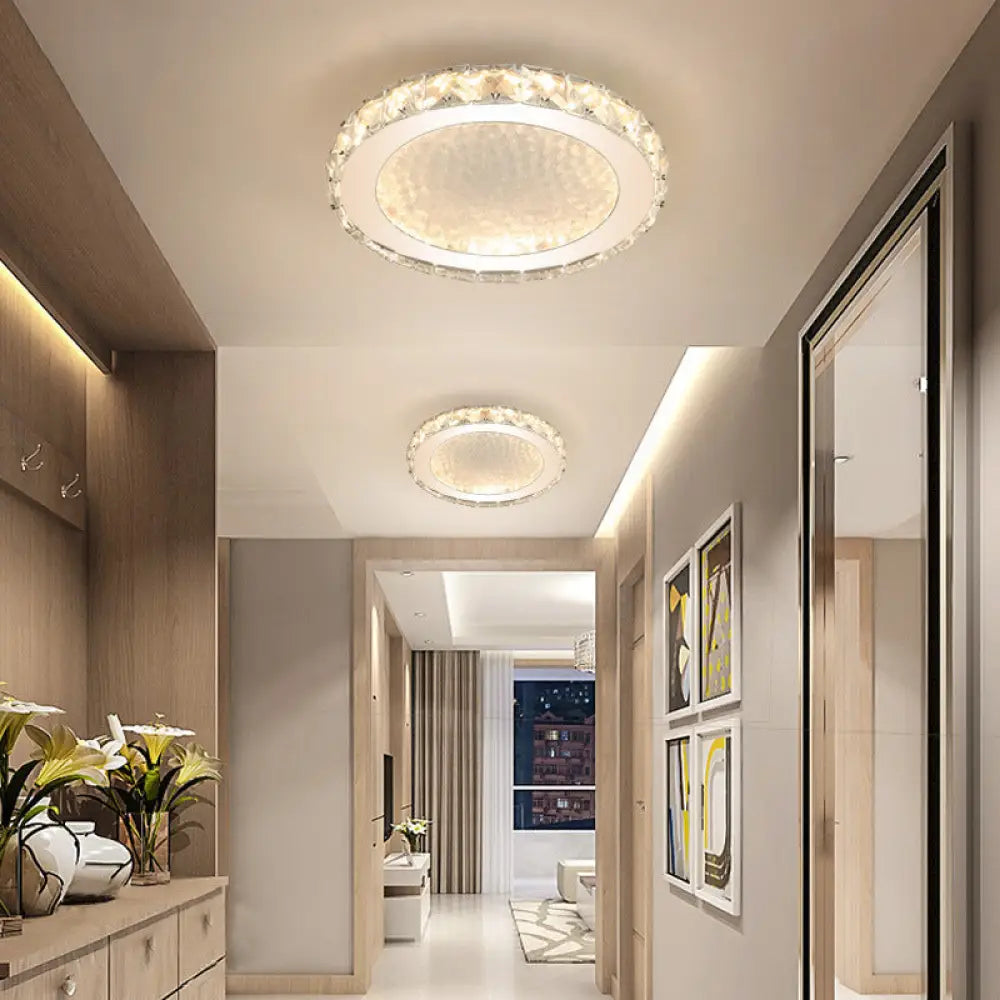 Modern Led Round Flush Mount Ceiling Light With Clear Crystal Accent In White - Warm/White Lighting