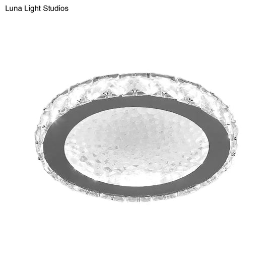 Modern Led Round Flush Mount Ceiling Light With Clear Crystal Accent In White - Warm/White Lighting