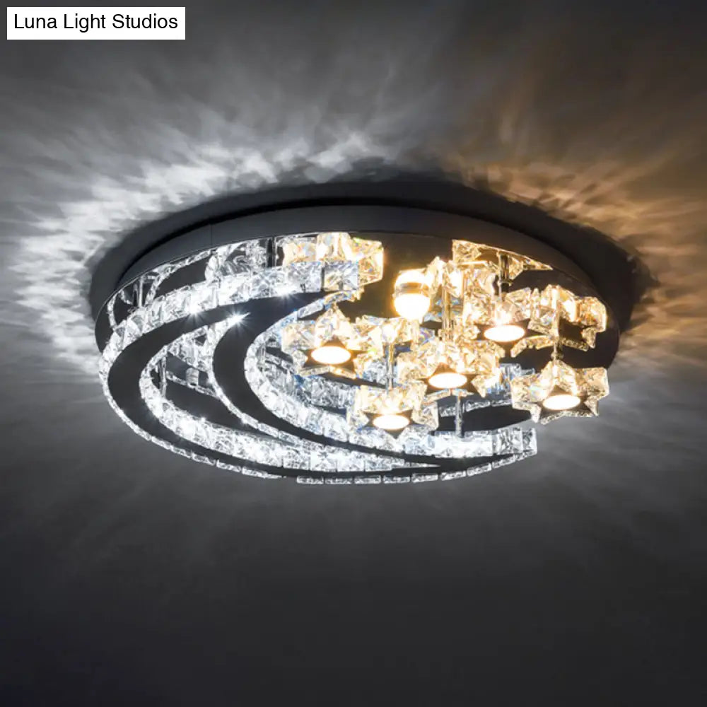 Modern Led Semi Flush Mount Ceiling Light - Chrome Finish With Crystal Crescent And Star Shades