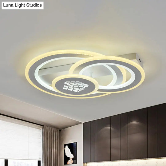 Modern Led Semi - Mount Ceiling Lamp For Bedroom - White Acrylic 3 Circular Lights