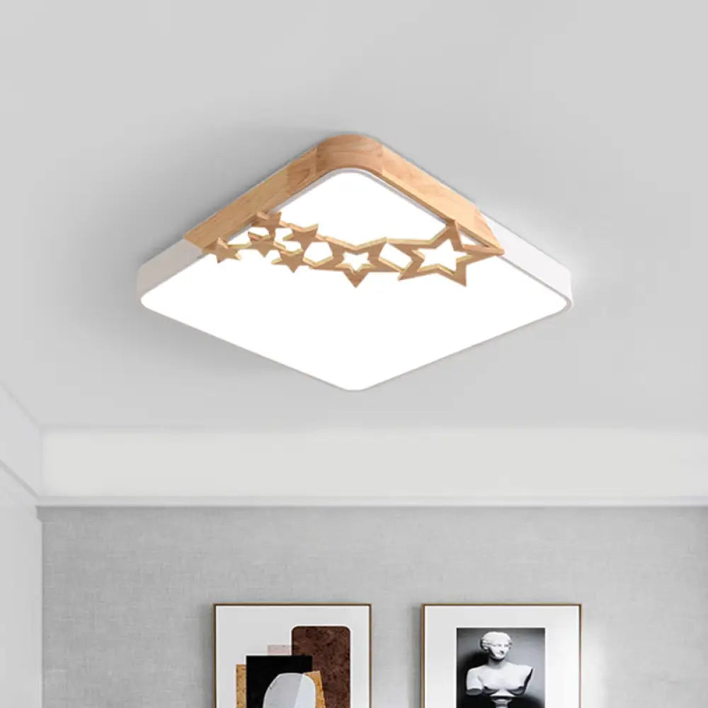 Modern Led Square Acrylic Flush Mount Lamp With Grey/White Ceiling Light Fixture And Wooden Star