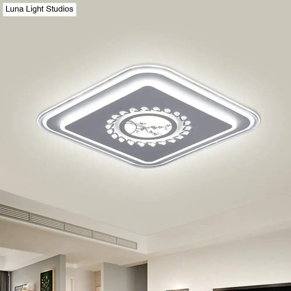 Modern Led Square Acrylic Flush Mount Light Minimalistic White Ceiling Lighting With Floral/Plum