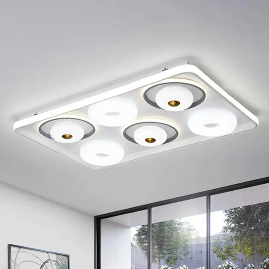 Modern Led Square/Rectangle Flush Mount Ceiling Lamp With Acrylic White Finish And Donut Design /