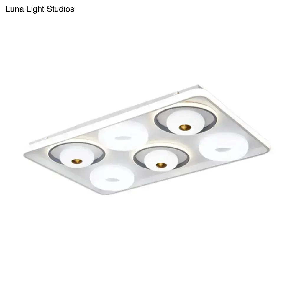 Modern Led Square/Rectangle Flush Mount Ceiling Lamp With Acrylic White Finish And Donut Design