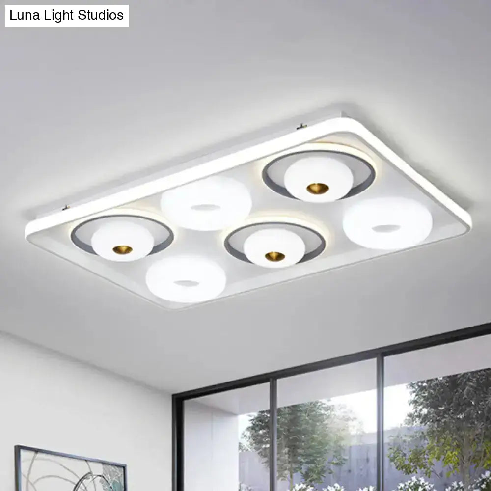 Modern Led Square/Rectangle Flush Mount Ceiling Lamp With Acrylic White Finish And Donut Design