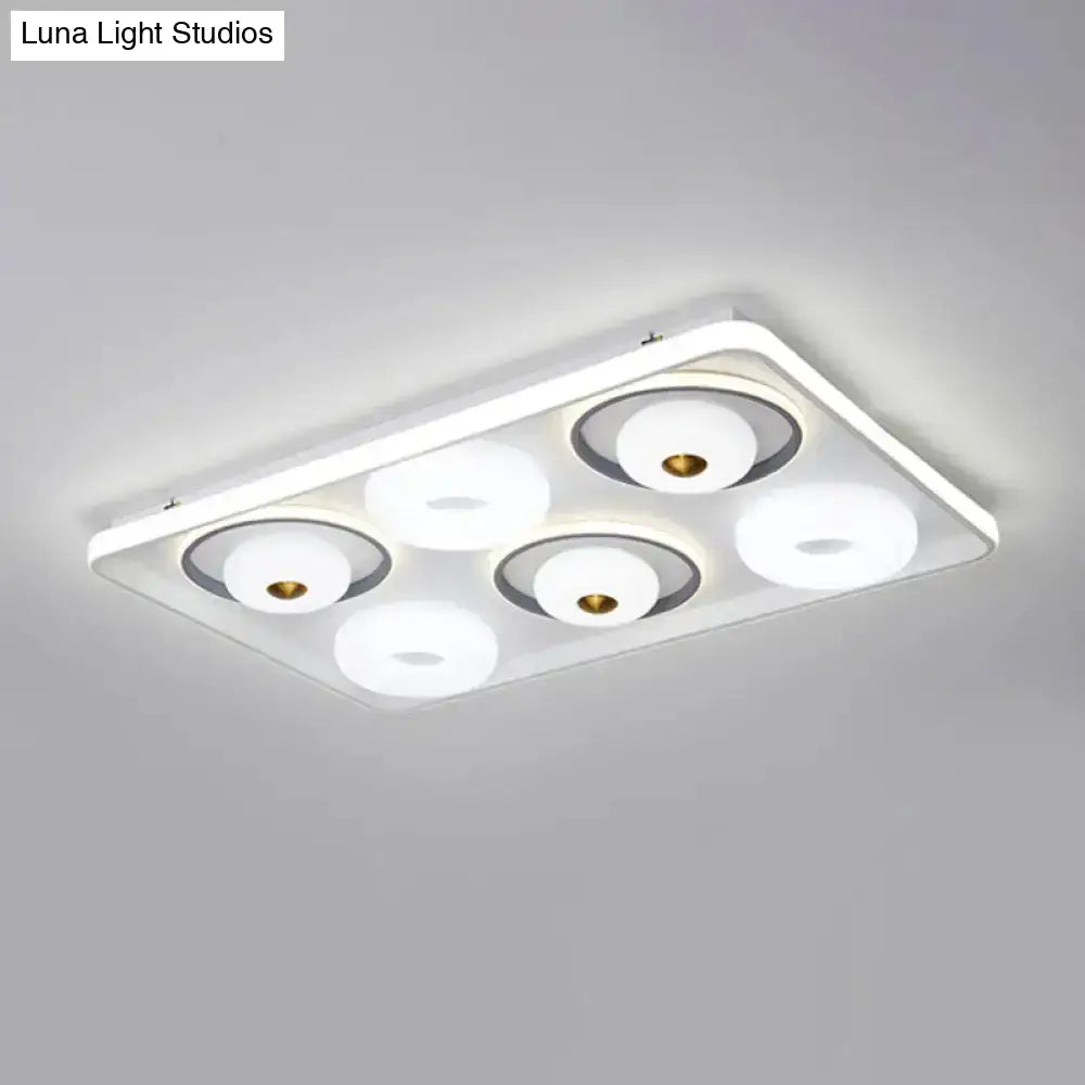 Modern Led Square/Rectangle Flush Mount Ceiling Lamp With Acrylic White Finish And Donut Design