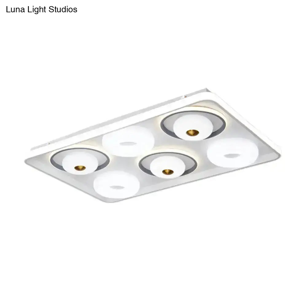 Modern Led Square/Rectangle Flush Mount Ceiling Lamp With Acrylic White Finish And Donut Design