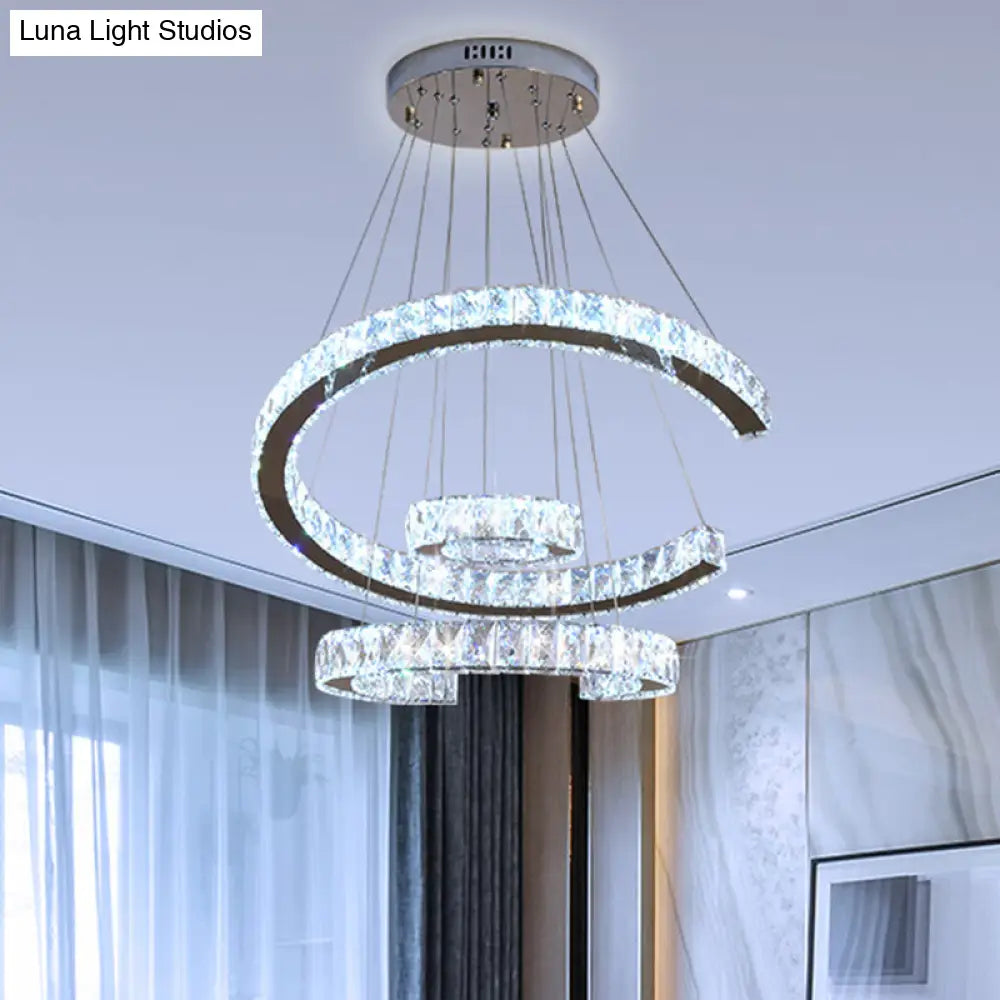 Modern Led C-Shaped Chandelier With Stainless-Steel Frame And Clear Crystals 21/23.5 Wide