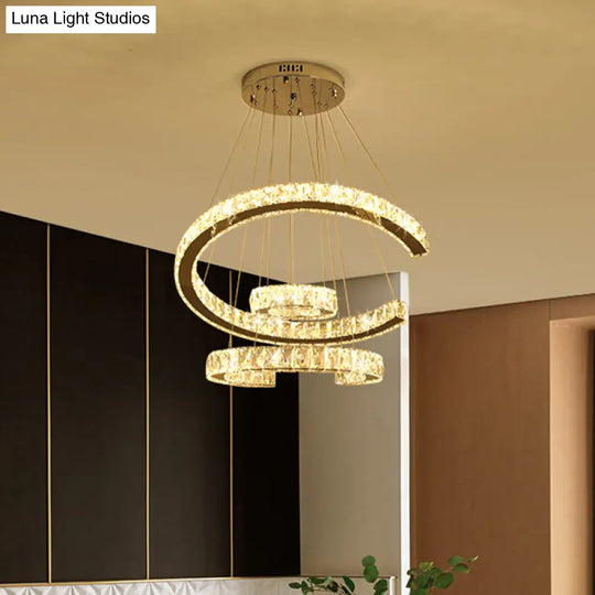 Modern Led C-Shaped Chandelier With Stainless-Steel Frame And Clear Crystals 21/23.5 Wide / 21