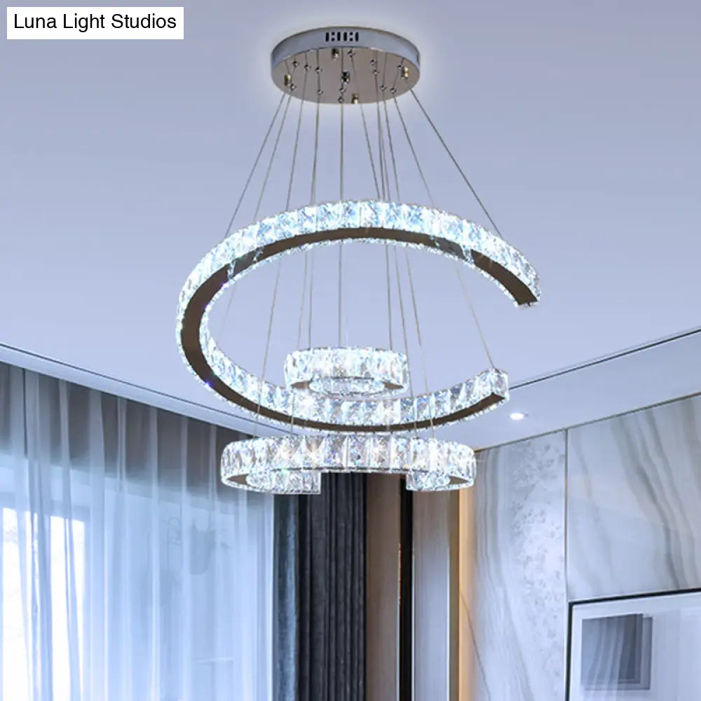 Modern Led Stainless-Steel Chandelier Light With Clear Rectangular-Cut Crystals - 3 Tier C-Shape