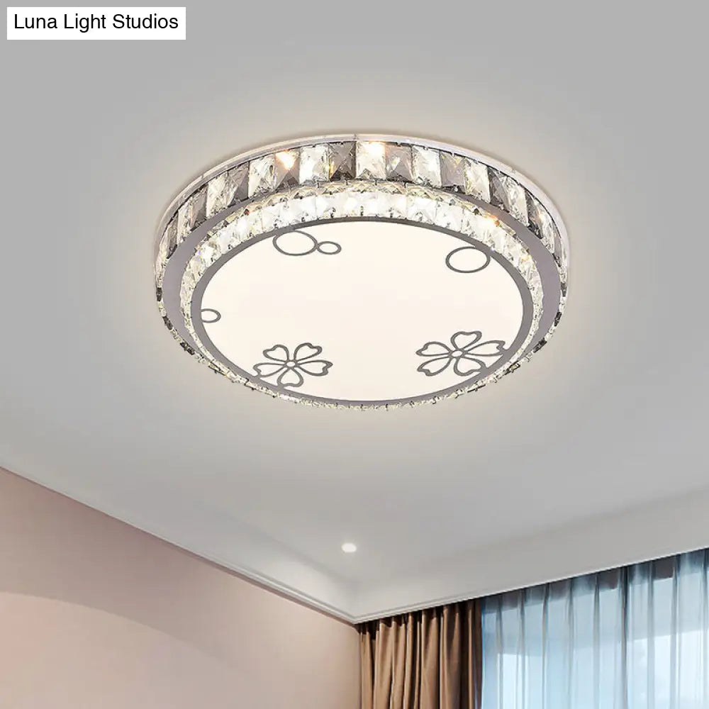 Modern Led Stainless-Steel Flushmount Light Fixture With Clear Faceted Crystal Blocks And