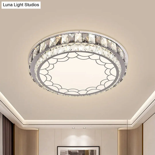 Modern Led Stainless-Steel Flushmount Light Fixture With Clear Faceted Crystal Blocks And