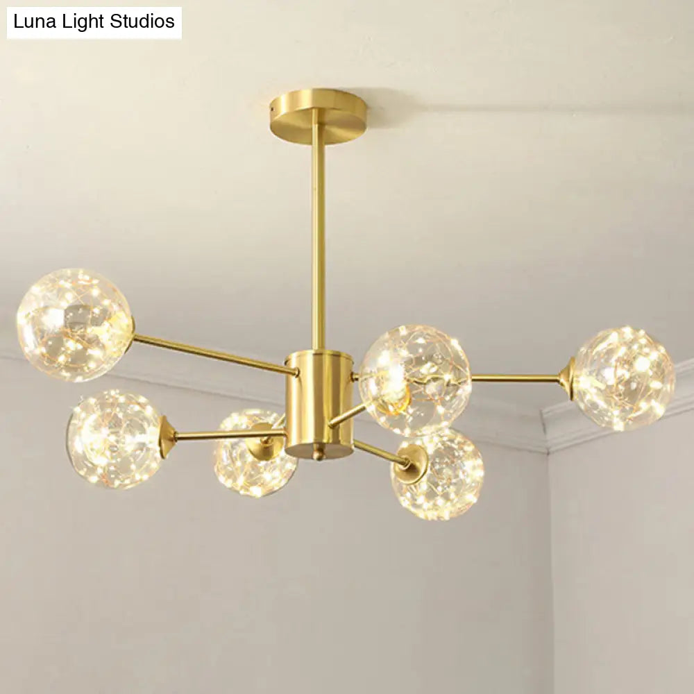 Modern Metal Led Chandelier With Clear Glass Orb Shade And Starry Drops 6 / Gold Natural