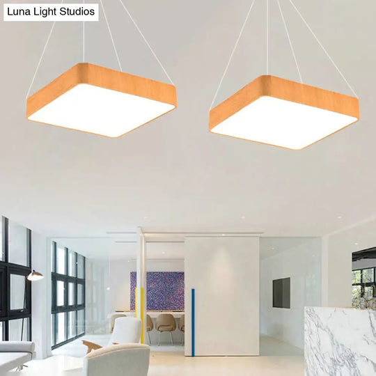 12/16/19.5 Wide Wooden Square Led Pendant Lamp Kit In White/Warm/Natural Light Modern Beige