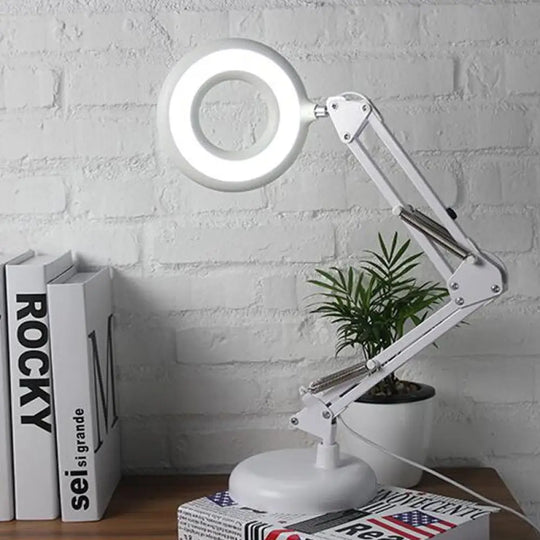 Modern Led Table Lamp With Adjustable Arm - Acrylic Ring Light For Reading In White