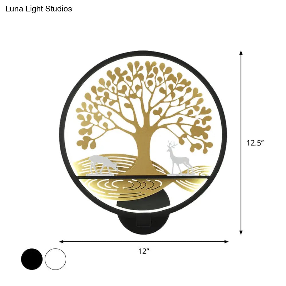 Modern Led Tree Wall Lamp-Metal Mounted Black/White Bedside Mural Light With Warm/White Glow