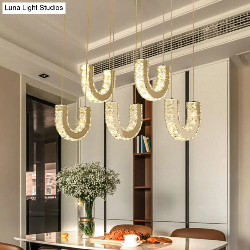 Led U-Shape Pendant Lamp With Modern Stainless-Steel Finish And Clear Rectangular-Cut Crystals