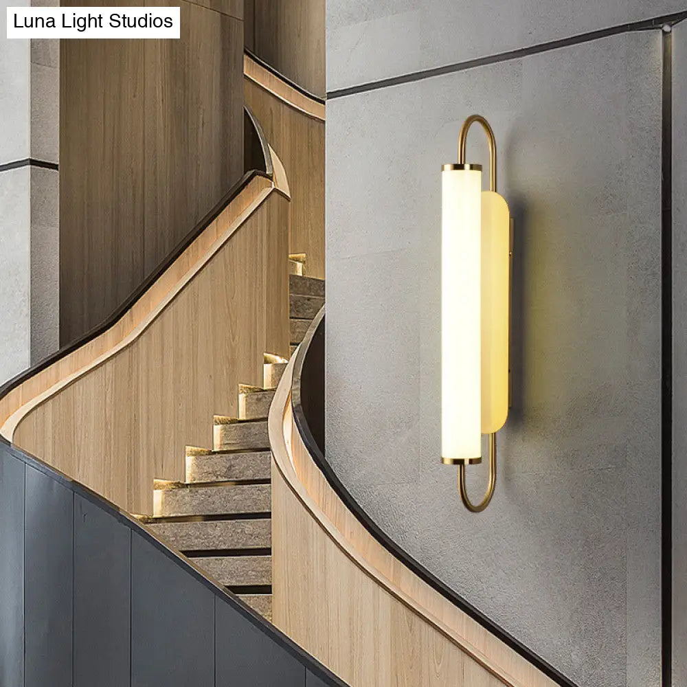 Modern Led Wall Sconce - Brass Finish Tubular Mount Lamp With Opal Glass Shade For Stairway