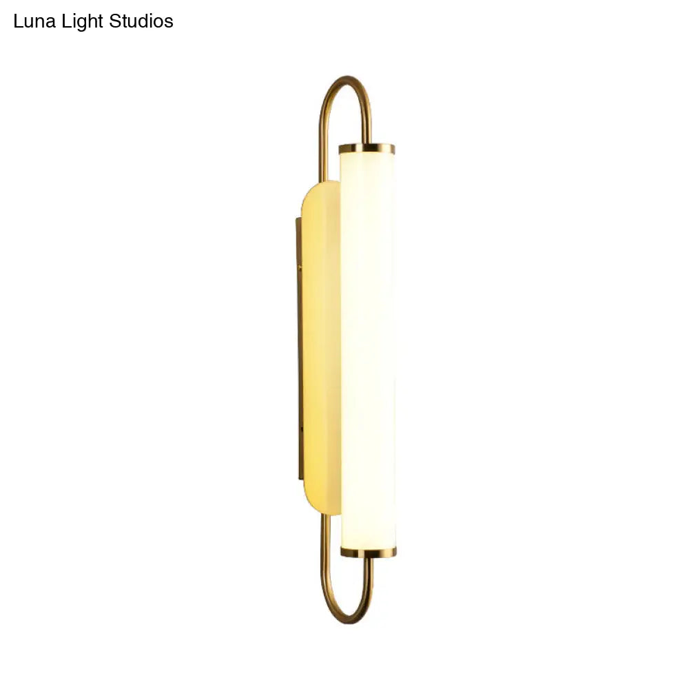 Modern Led Wall Sconce - Brass Finish Tubular Mount Lamp With Opal Glass Shade For Stairway