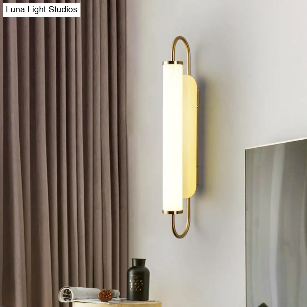 Modern Led Wall Sconce - Brass Finish Tubular Mount Lamp With Opal Glass Shade For Stairway