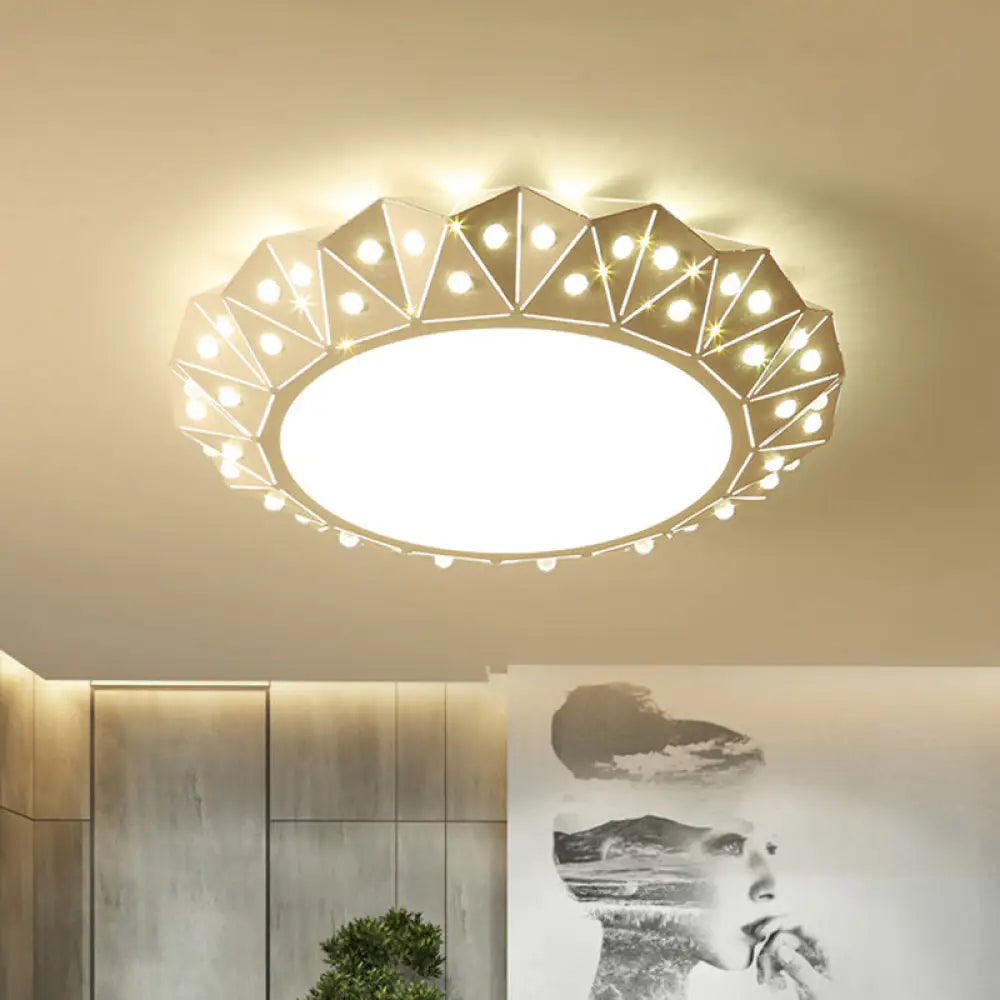 Modern Led White Flush Ceiling Light With Metal Drum & Diamond Design - Available In 16.5’