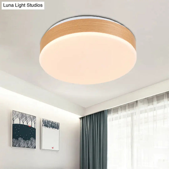 Modern Led Wood Round Flush Mount Fixture - Elegant Beige Lamp For Foyer