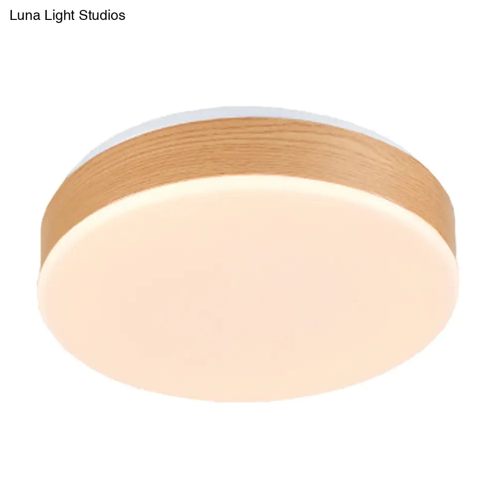 Modern Led Wood Round Flush Mount Fixture - Elegant Beige Lamp For Foyer