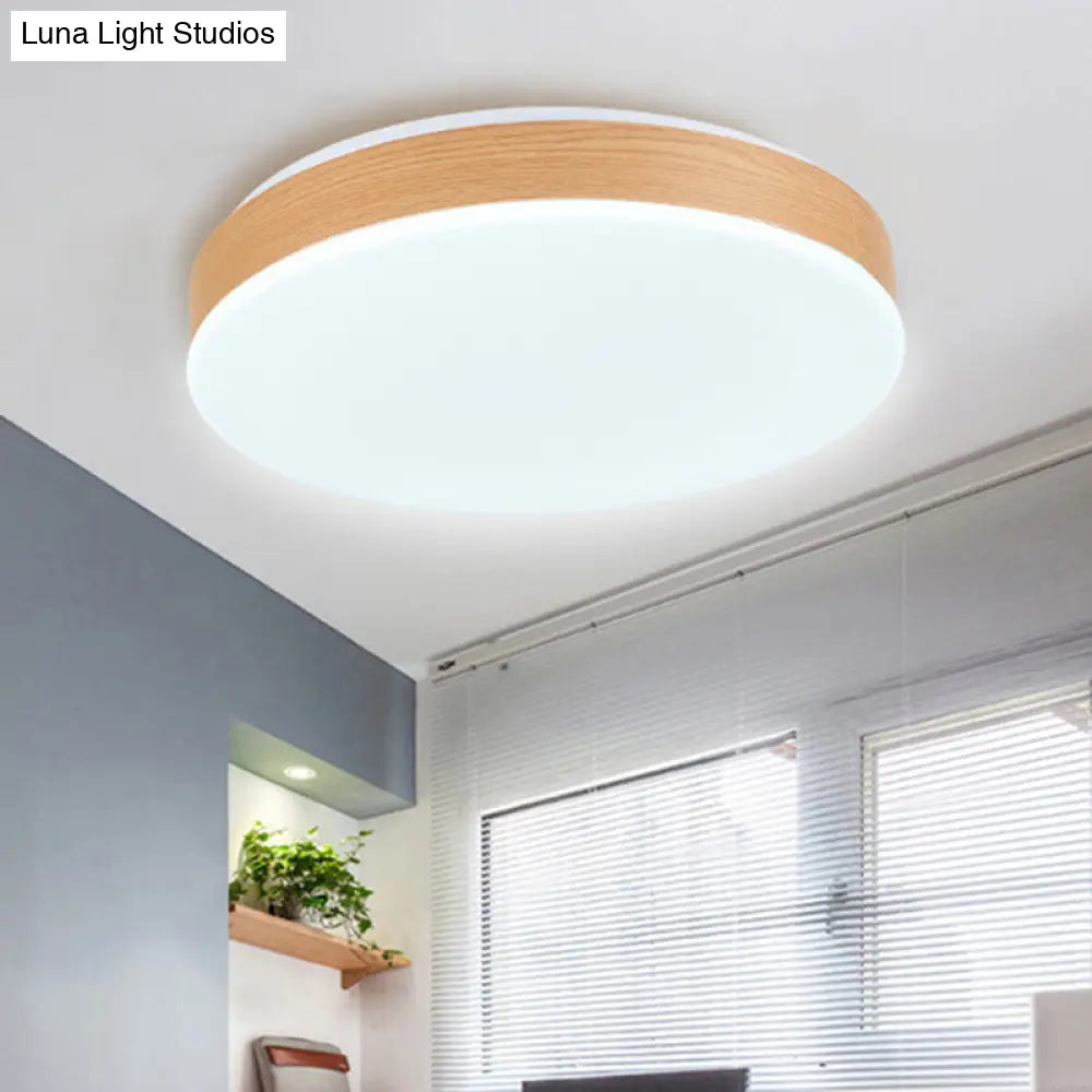 Modern Led Wood Round Flush Mount Fixture - Elegant Beige Lamp For Foyer